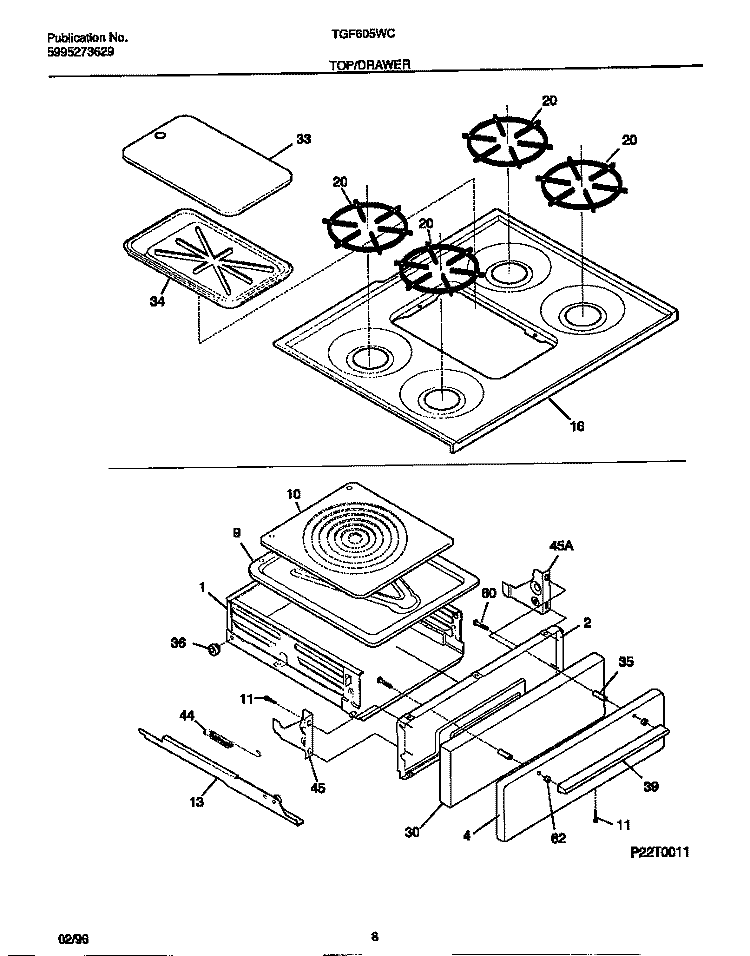 TOP / DRAWER Diagram and Parts List for TGF605WCDA  Tappan Range