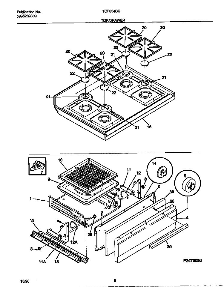 TOP / DRAWER Diagram and Parts List for TGF334BCDE  Tappan Range