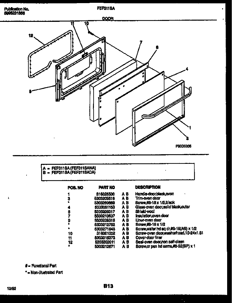 DOOR PARTS Diagram and Parts List for FEF311SAWA  Frigidaire Range