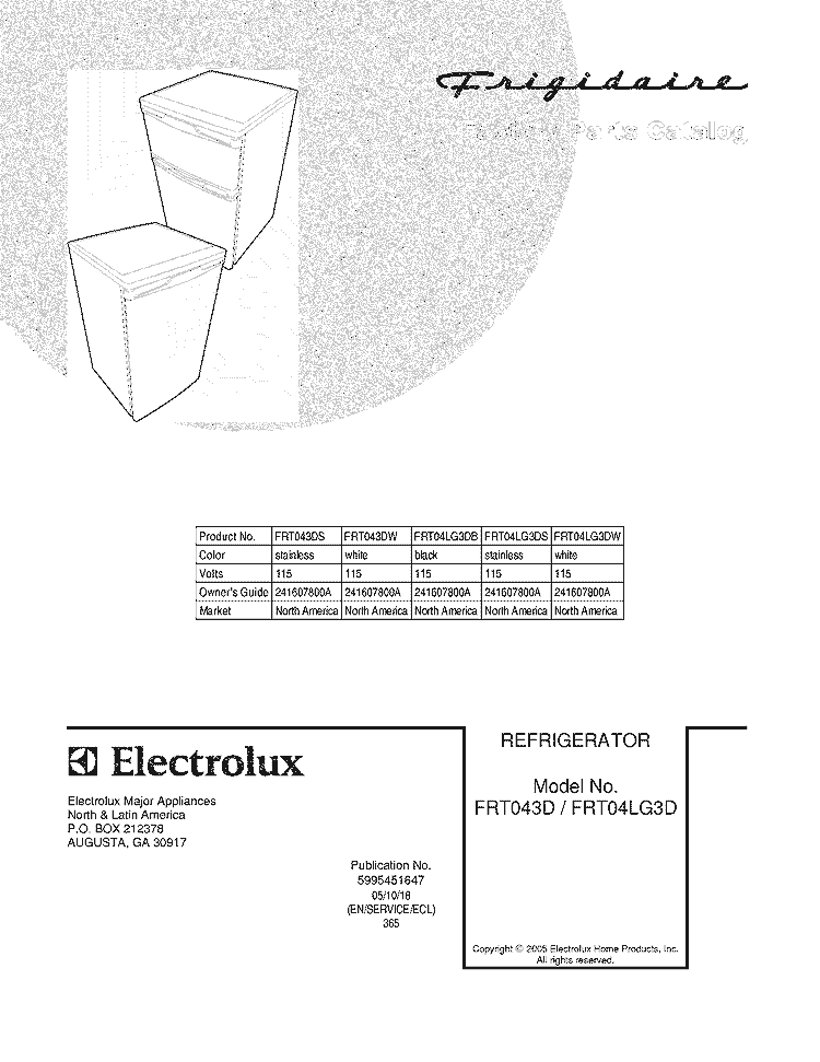 COVER Diagram and Parts List for FRT04LG3DB  Frigidaire Refrigerator