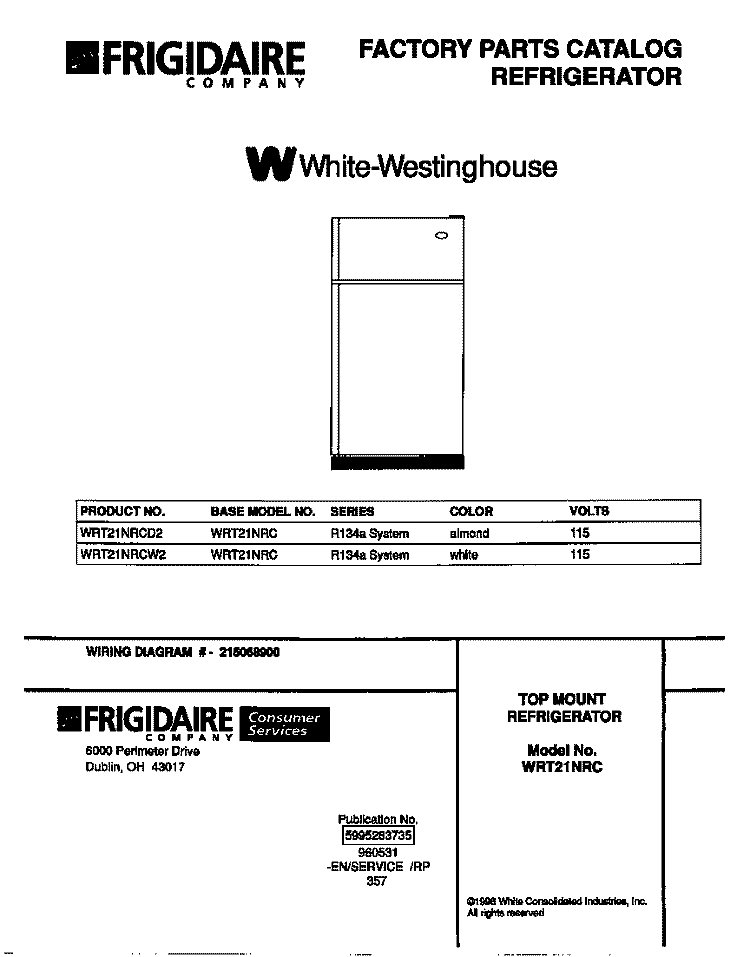 COVER Diagram and Parts List for WRT21NRCW2  Frigidaire Refrigerator