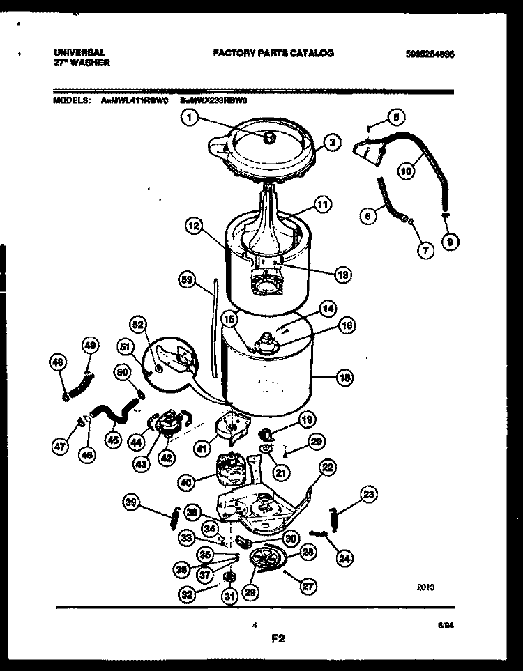 TUB DETAIL Diagram and Parts List for MWL411RBW0  Tappan Washer