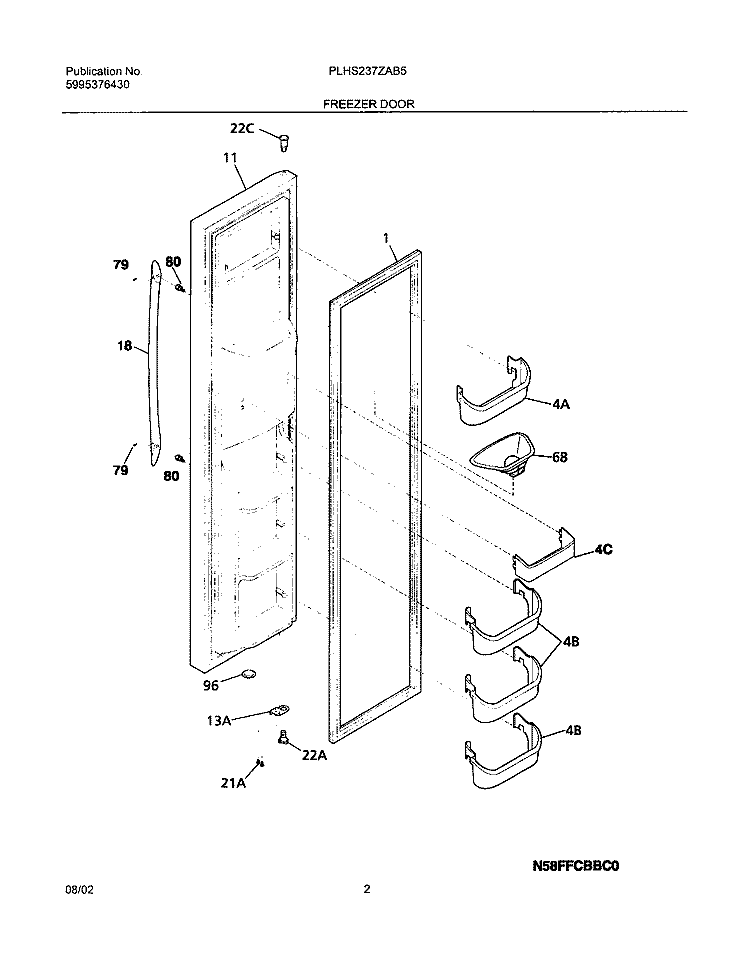 FREEZER DOOR Diagram and Parts List for PLHS237ZAB5  Frigidaire Refrigerator