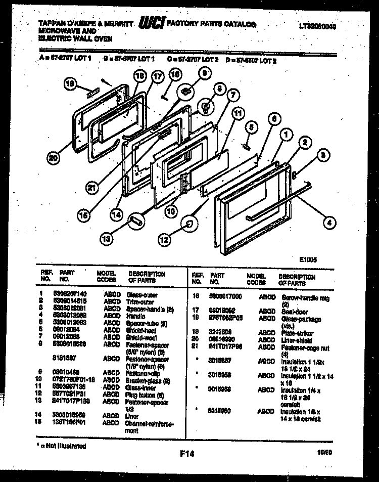 LOWER OVEN DOOR PARTS Diagram and Parts List for 57-2707-10-02  Tappan Microwave Oven Combo