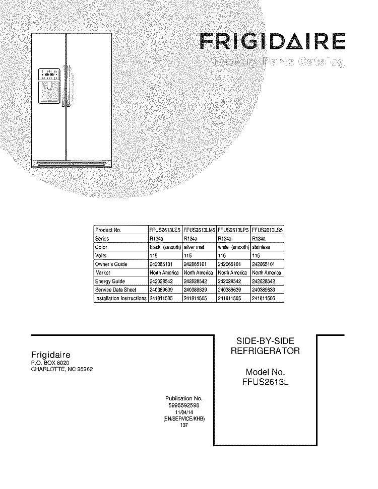 COVER Diagram and Parts List for FFUS2613LP5  Frigidaire Refrigerator