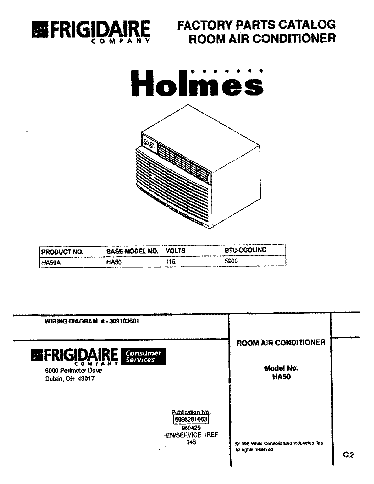 COVER Diagram and Parts List for HA50A  Frigidaire Air Conditioner