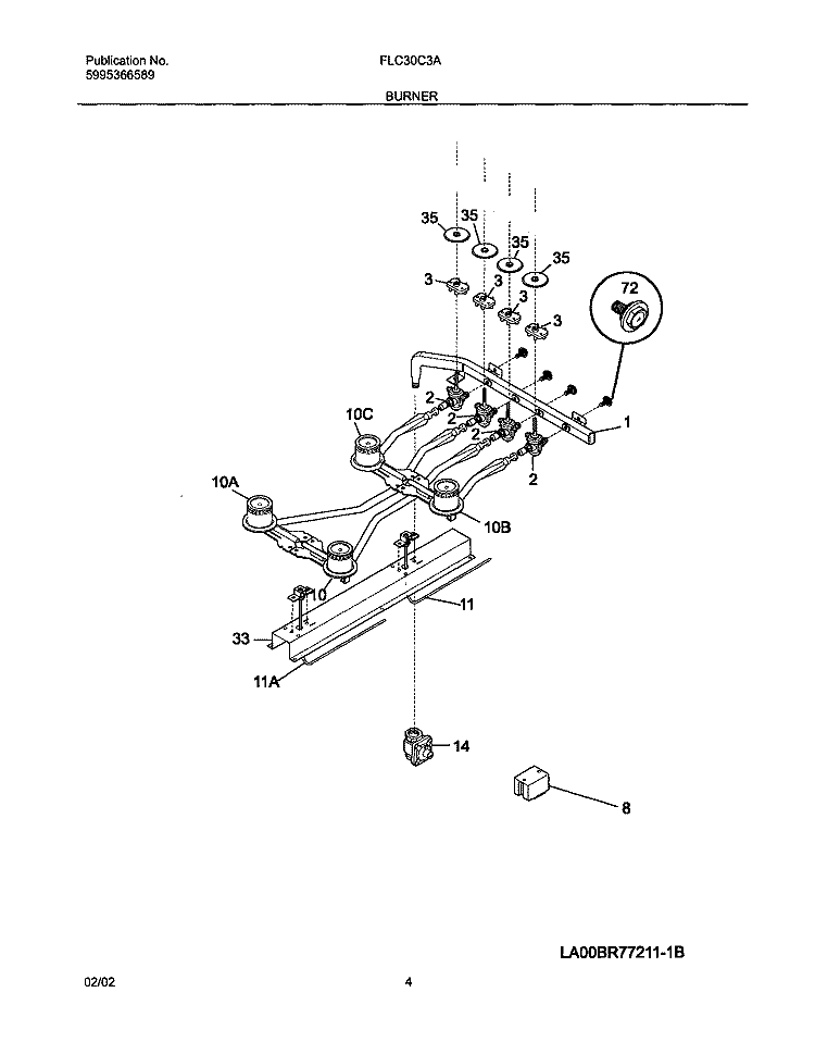 BURNER Diagram and Parts List for FLC30C3AWB  Frigidaire Cooktop