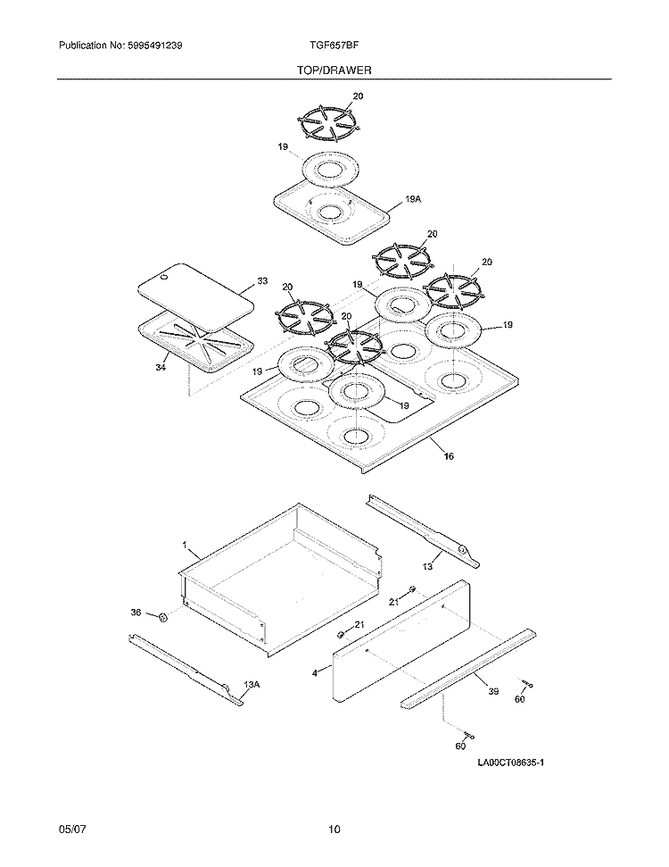 TOP / DRAWER Diagram and Parts List for TGF657BFW9  Tappan Range