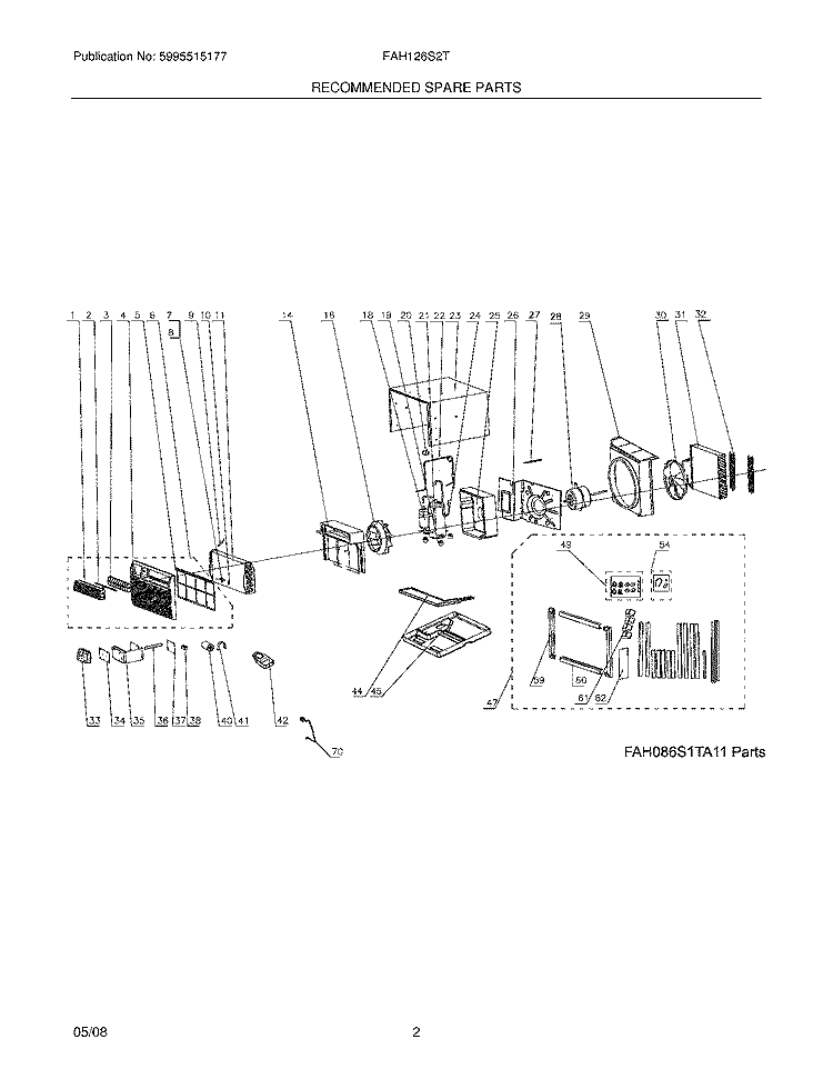 RECOMMENDED SPARE PARTS Diagram and Parts List for FAH126S2TA12  Frigidaire Air Conditioner