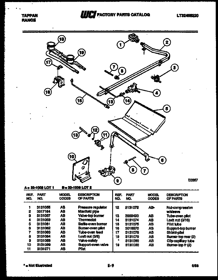 BURNER, MANIFOLD AND GAS CONTROL Diagram and Parts List for 32-1008-00-01  Tappan Range