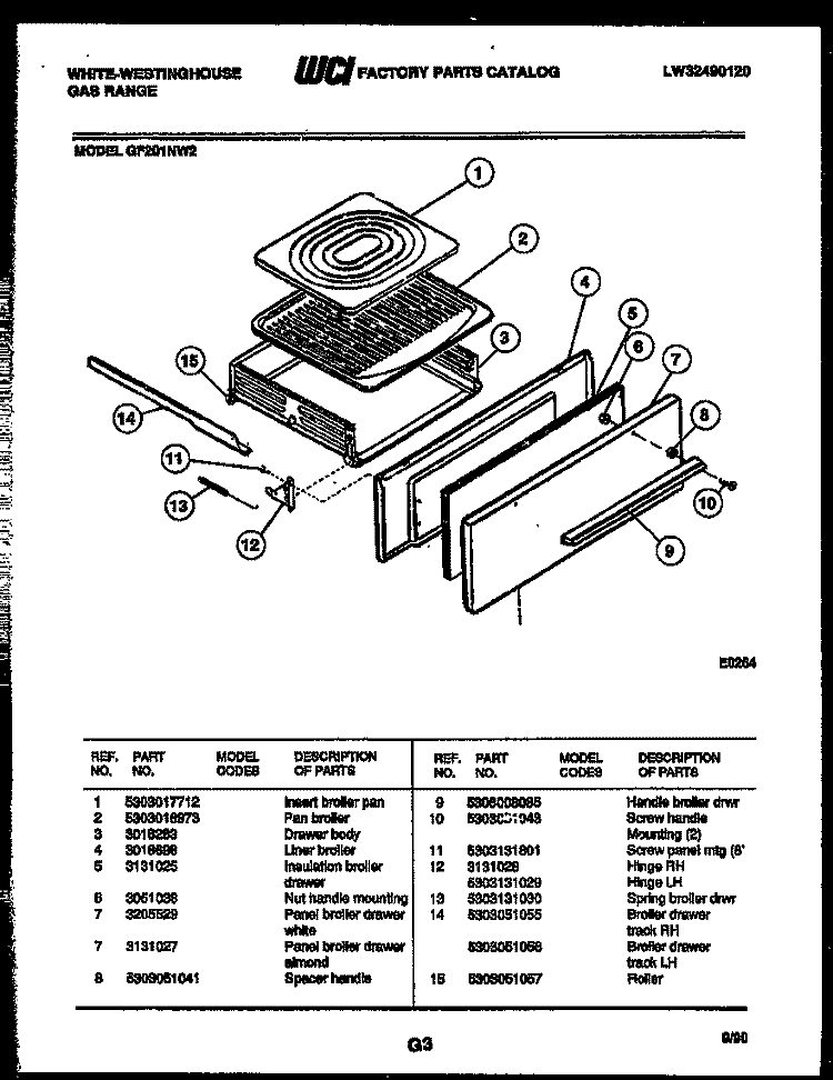 BROILER DRAWER PARTS Diagram and Parts List for GF201ND2  Frigidaire Range