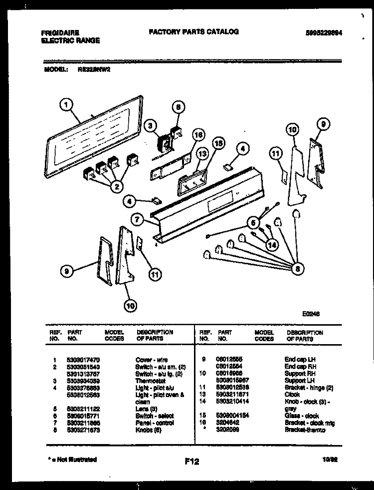CONTROL PANEL Diagram and Parts List for RE32BNW2  Frigidaire Range