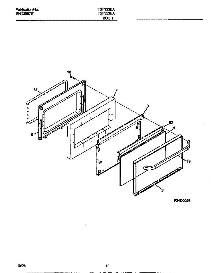 DOOR Diagram and Parts List for FGF333SAWF  Frigidaire Range