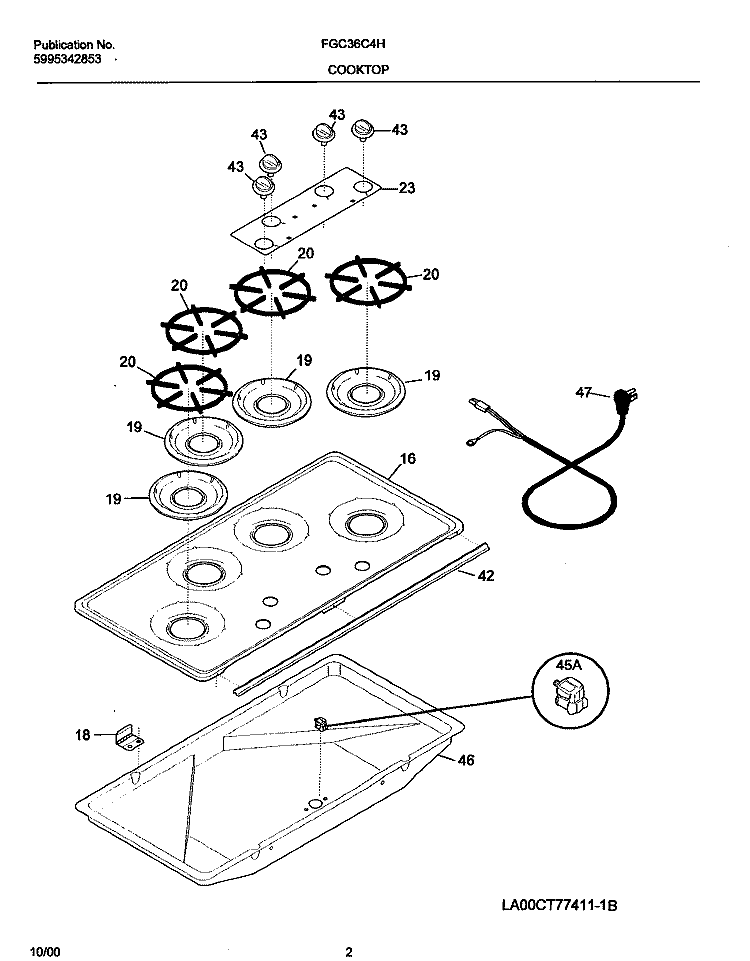 COOKTOP Diagram and Parts List for FGC36C4HWC  Frigidaire Cooktop