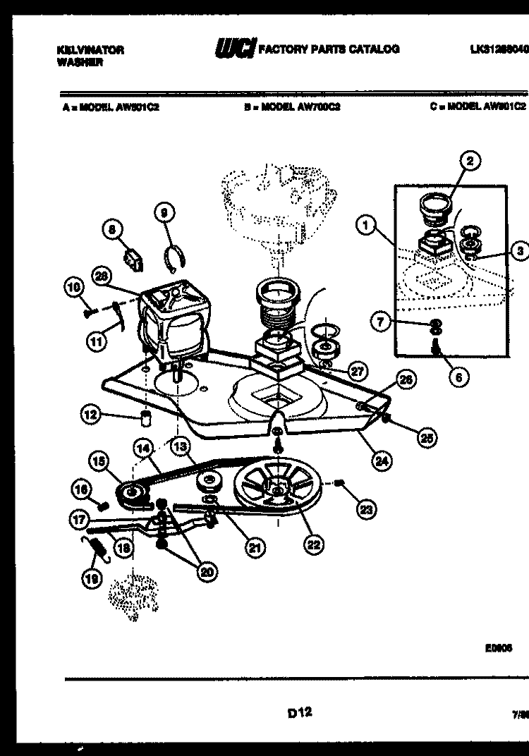 MOTOR AND IDLER ARM CLUTCH Diagram and Parts List for AW700C2D  Kelvinator Washer