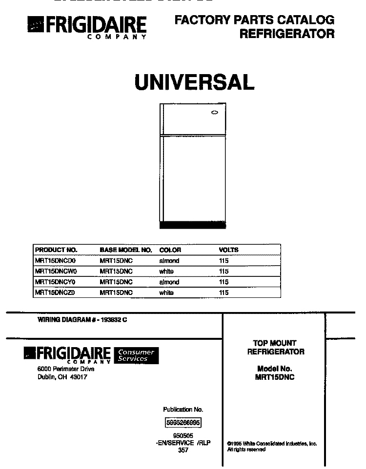 COVER Diagram and Parts List for MRT15DNCW0  Frigidaire Refrigerator