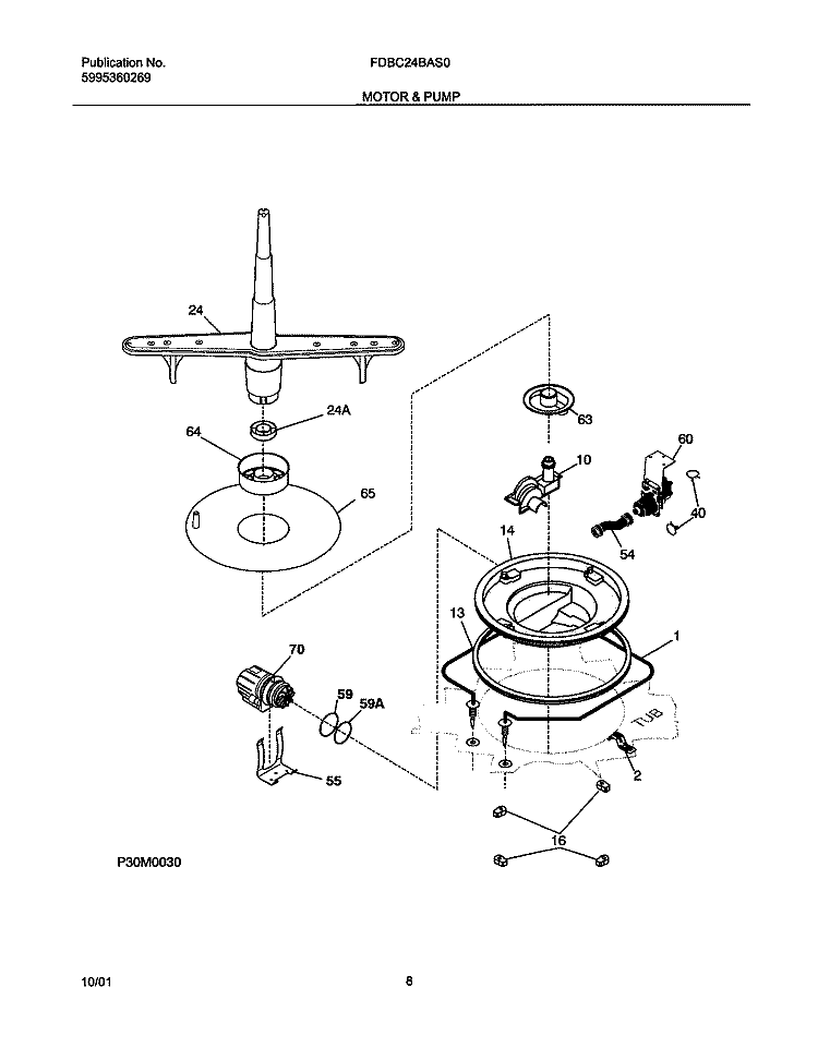 MOTOR & PUMP Diagram and Parts List for FDBC24BAS0  Frigidaire Dishwasher