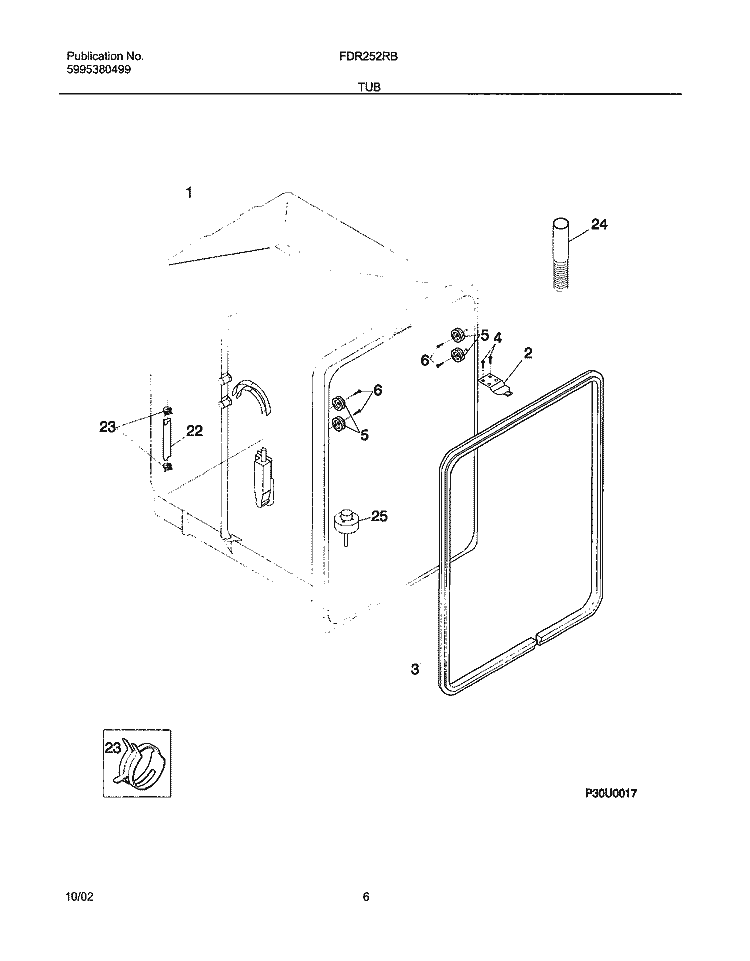 TUB Diagram and Parts List for FDR252RBS1  Frigidaire Dishwasher