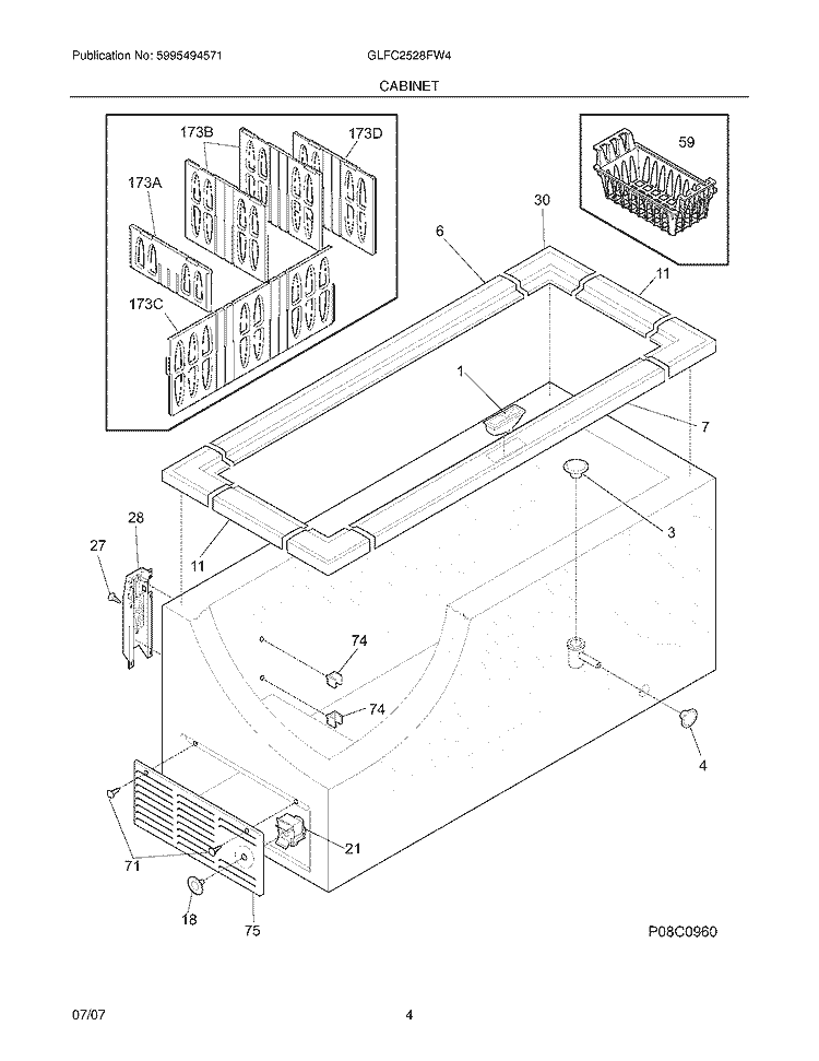 CABINET Diagram and Parts List for GLFC2528FW4  Frigidaire Freezer