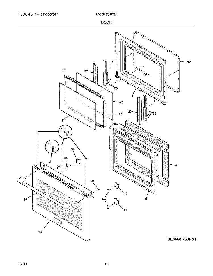 DOOR Diagram and Parts List for E36GF76JPS1  Electrolux Range