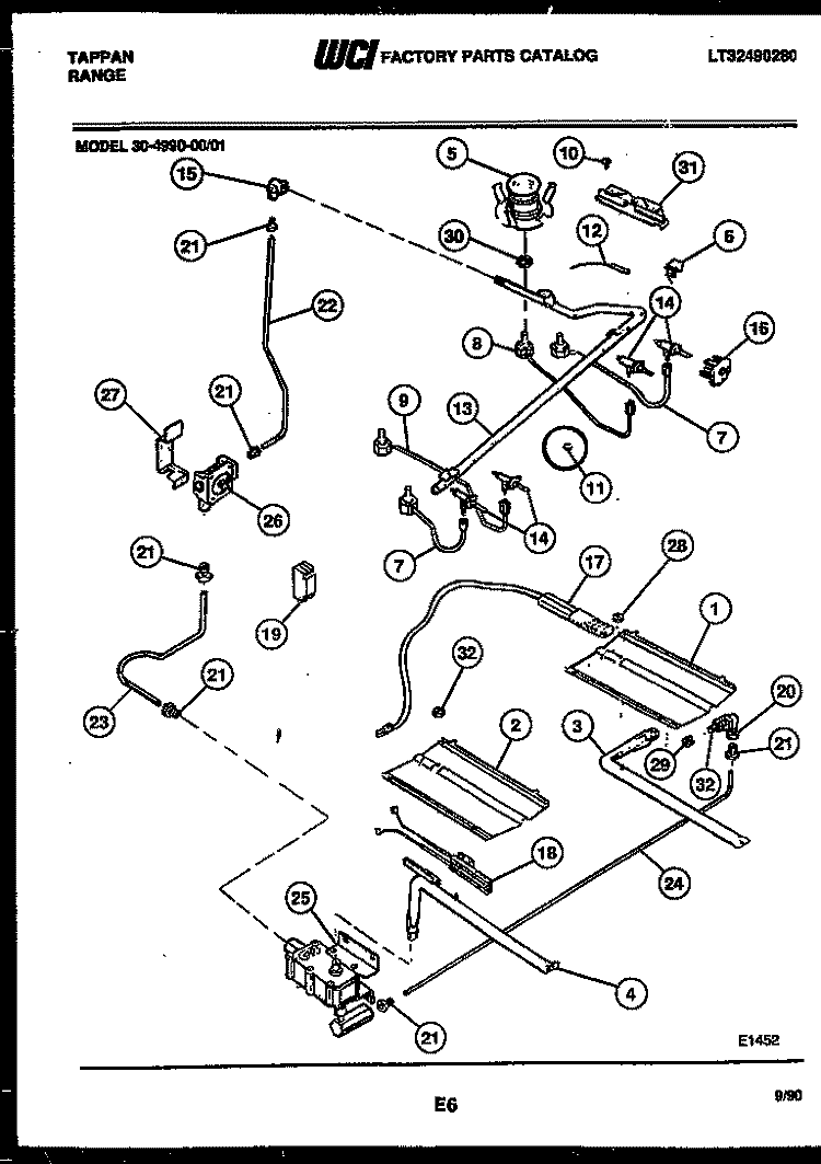 BURNER, MANIFOLD AND GAS CONTROL Diagram and Parts List for 30-4990-00-01  Tappan Range
