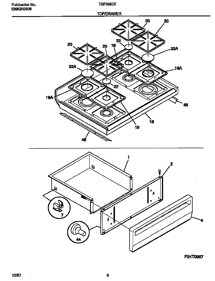 TOP / DRAWER Diagram and Parts List for TGF366CFTA  Tappan Range