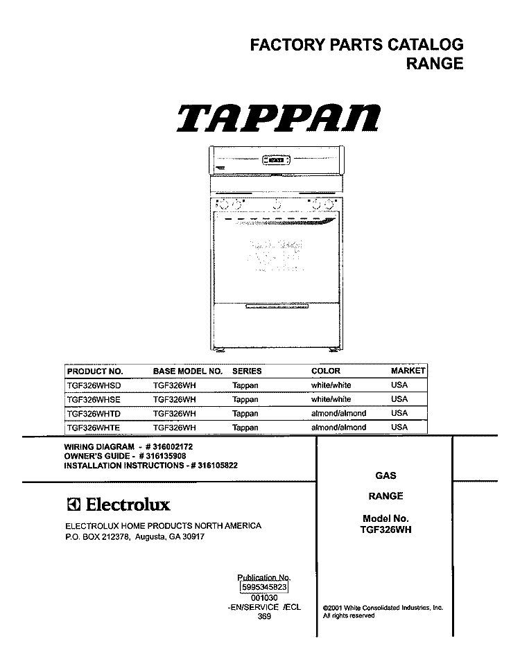 COVER Diagram and Parts List for TGF326WHSE  Tappan Range