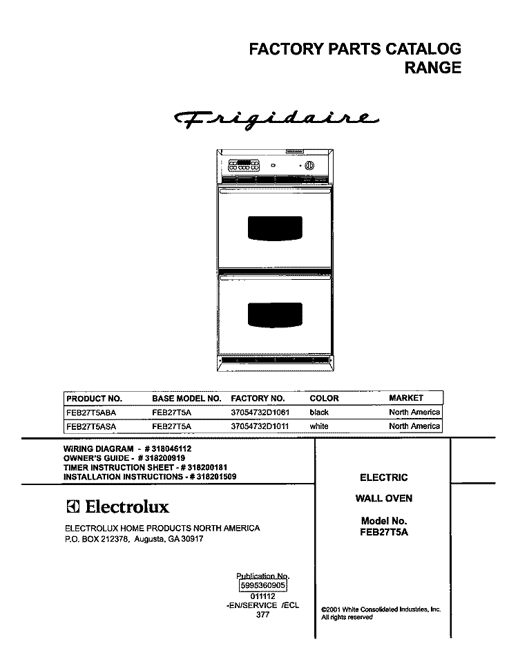 COVER Diagram and Parts List for FEB27T5ABA  Frigidaire Wall Oven