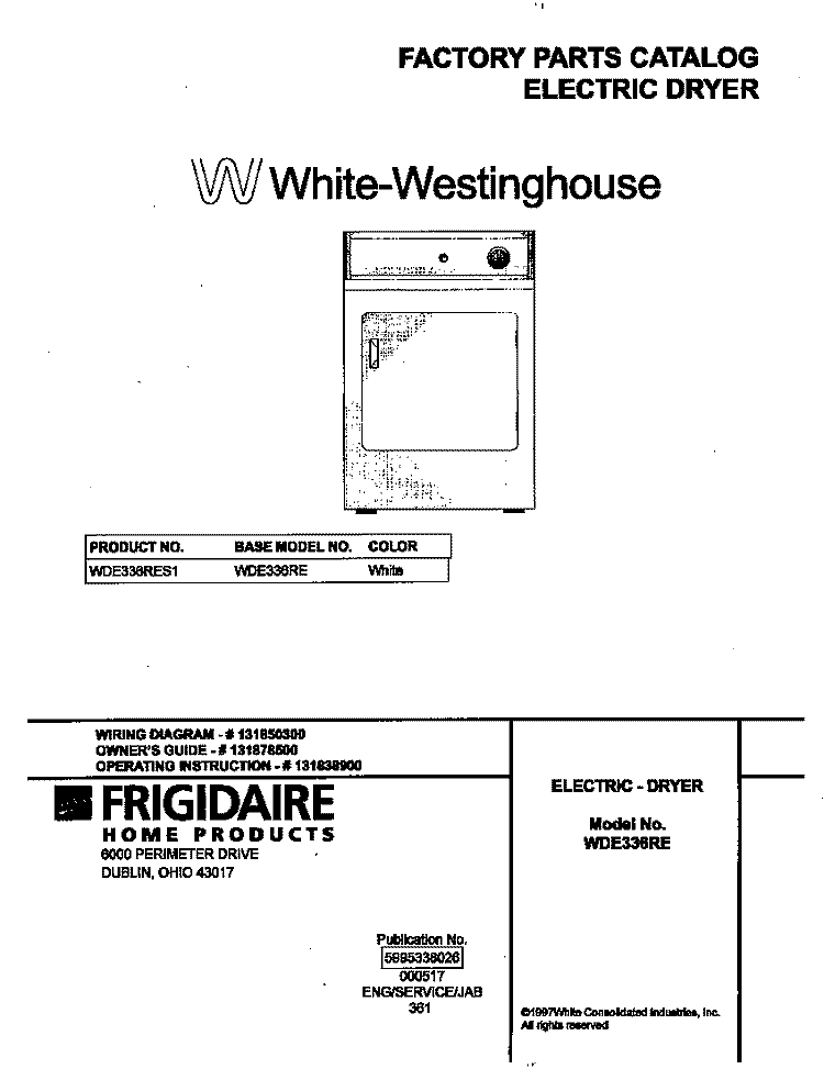 COVER Diagram and Parts List for WDE336RES1  Frigidaire Dryer