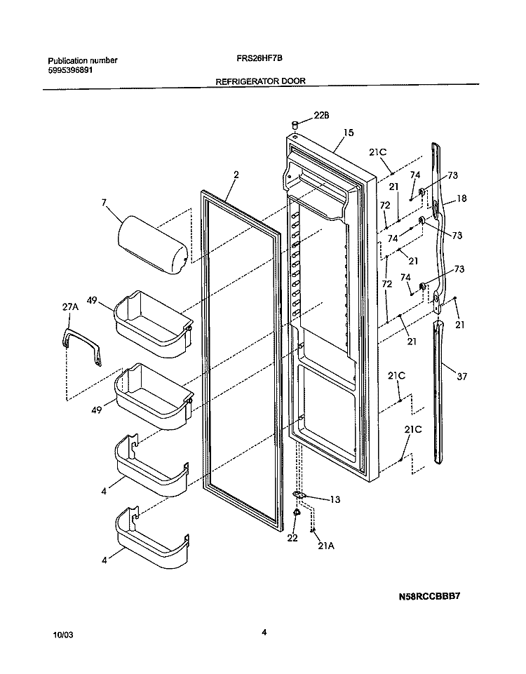 REFRIGERATOR DOOR Diagram and Parts List for FRS26HF7BQ4  Frigidaire Refrigerator