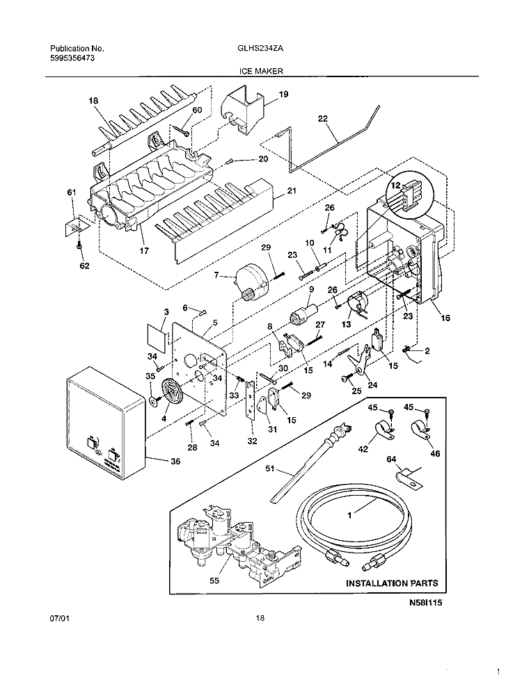 ICE MAKER Diagram and Parts List for GLHS234ZAW1  Frigidaire Refrigerator