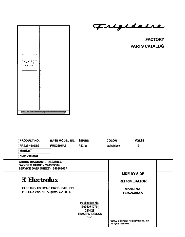 COVER Diagram and Parts List for FRS26H5ASB3  Frigidaire Refrigerator