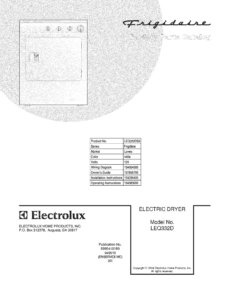 COVER Diagram and Parts List for LEQ332DS0  Frigidaire Dryer