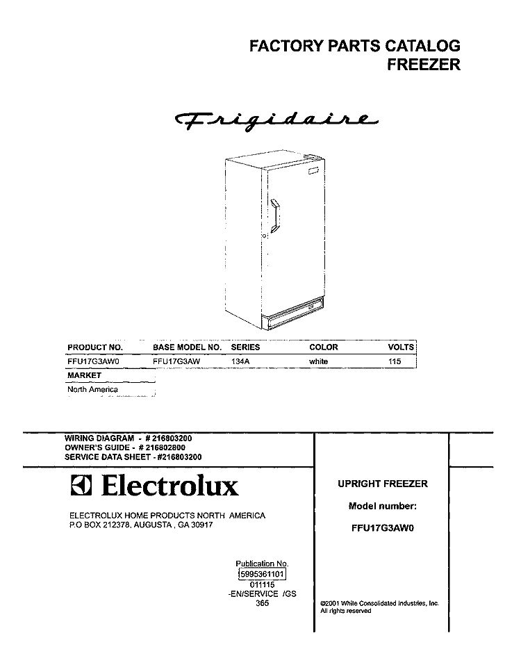 COVER Diagram and Parts List for FFU17G3AW0  Frigidaire Freezer