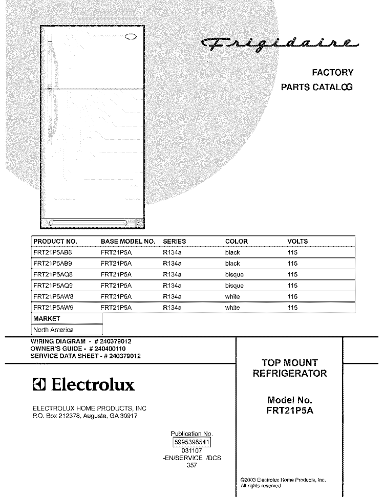 COVER Diagram and Parts List for FRT21P5AB8  Frigidaire Refrigerator