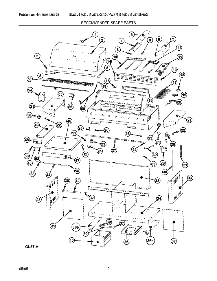 RECOMMENDED SPARE PARTS Diagram and Parts List for GL57NB60DSS  Frigidaire Grill