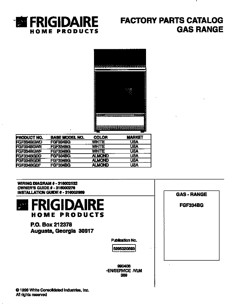 COVER Diagram and Parts List for FGF334BGWE  Frigidaire Range
