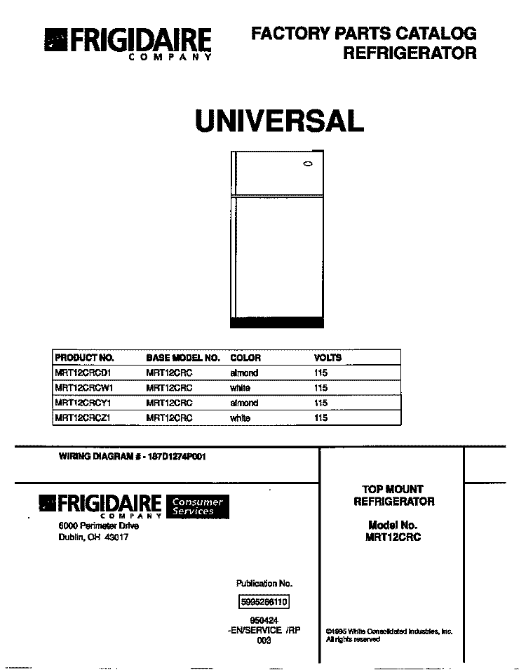 COVER Diagram and Parts List for MRT12CRCW1  Frigidaire Refrigerator