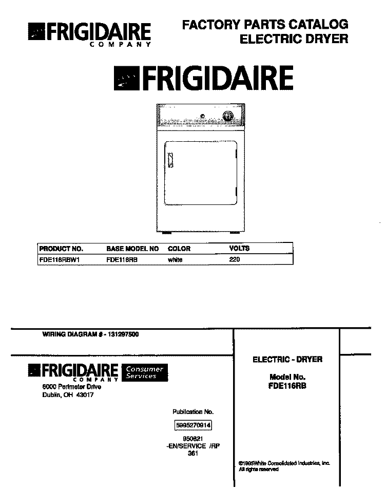 COVER Diagram and Parts List for FDE116RBW1  Frigidaire Dryer