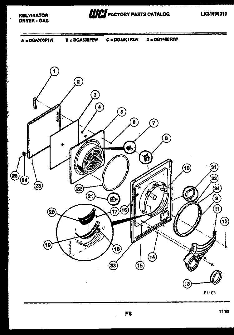 DOOR PARTS Diagram and Parts List for DGA700F1W  Kelvinator Dryer