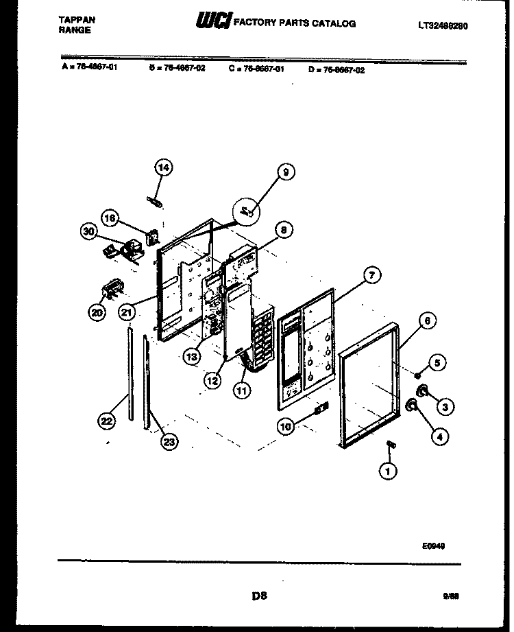 CONTROL PANEL Diagram and Parts List for 76-4667-00-02  Tappan Microwave Oven Combo
