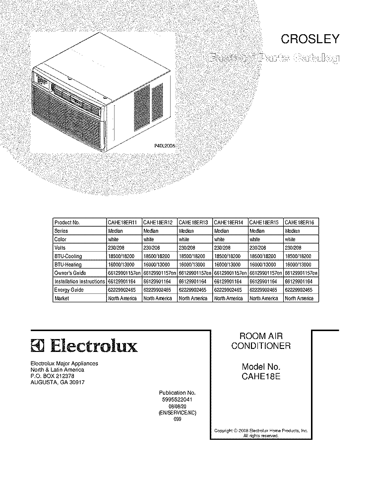 COVER Diagram and Parts List for CAHE18ER13  Crosley Air Conditioner