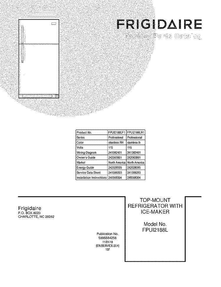 COVER Diagram and Parts List for FPUI2188LR1  Frigidaire Refrigerator