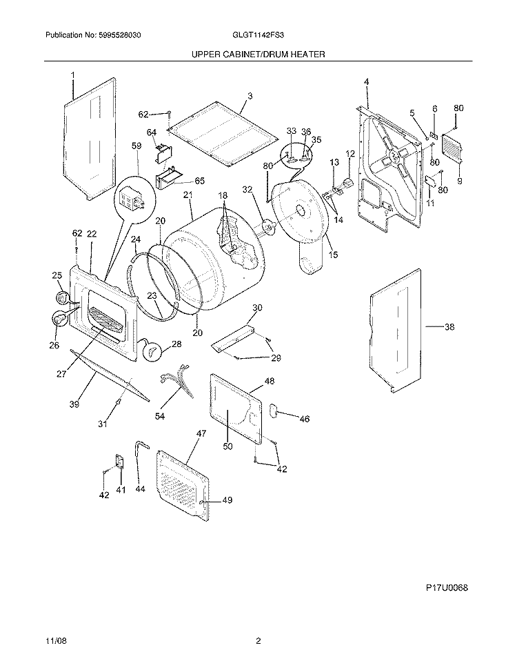 UPPER CABINET/DRUM HEATER Diagram and Parts List for GLGT1142FS3  Frigidaire Washer Dryer Combo