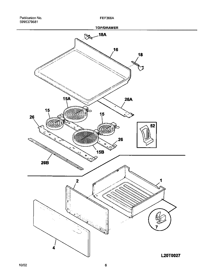 TOP / DRAWER Diagram and Parts List for FEF366AWE  Frigidaire Range
