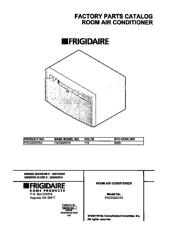 COVER Diagram and Parts List for FAC052G7A3  Frigidaire Air Conditioner