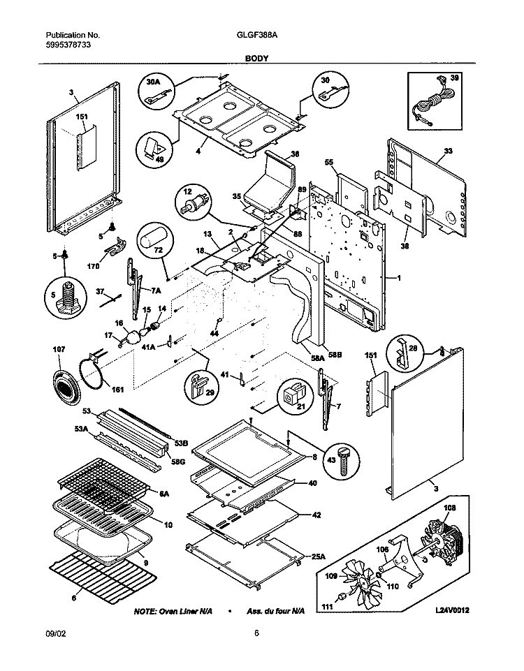 BODY Diagram and Parts List for GLGF388AQD  Frigidaire Range