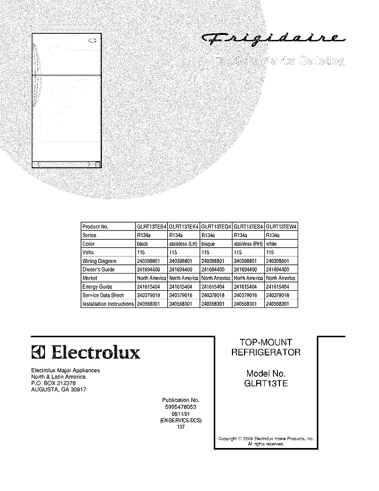 COVER Diagram and Parts List for GLRT13TEQ4  Frigidaire Refrigerator