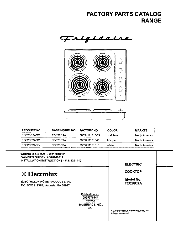 COVER Diagram and Parts List for FEC26C2ACC  Frigidaire Cooktop