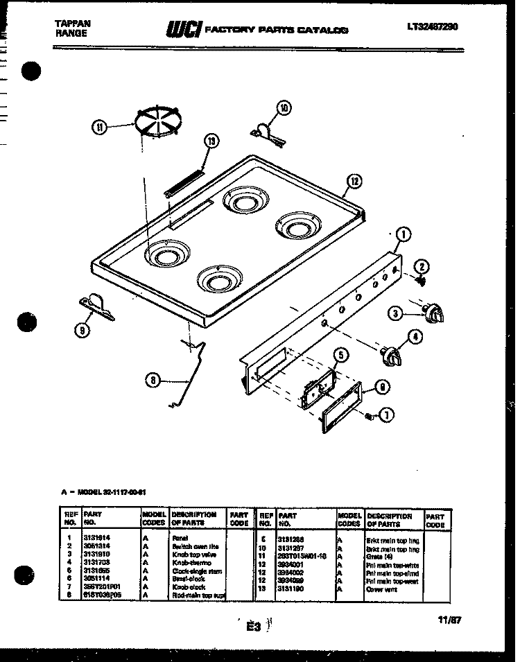 COOKTOP PARTS Diagram and Parts List for 32-1117-00-01  Tappan Range